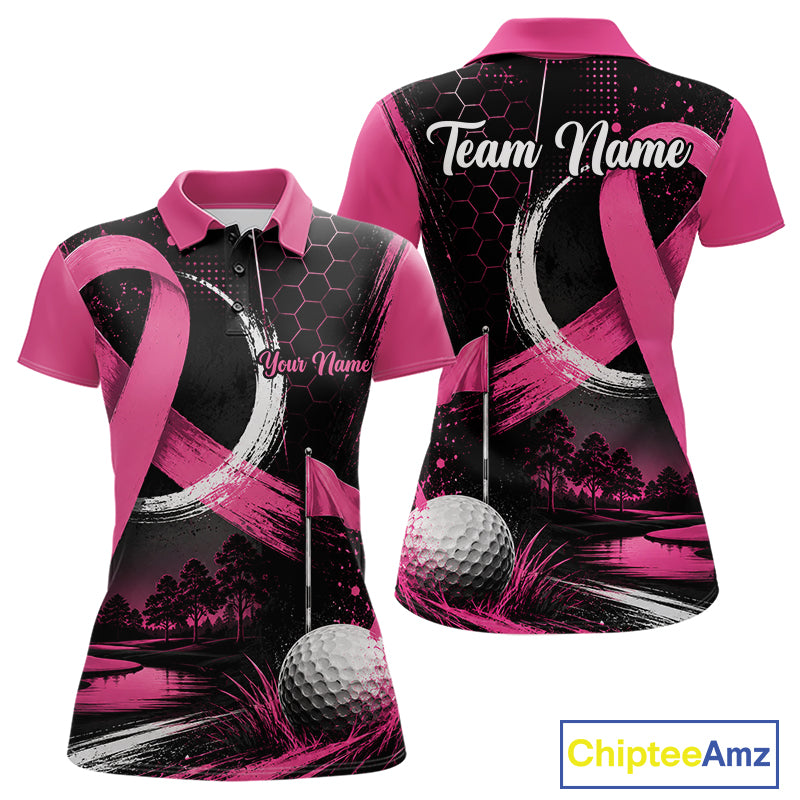 A women's short-sleeve polo shirt shown from the front and back on a white background. The shirt features a black base with bright pink sleeves, collar, and graphic accents, including a golf ball, flag, trees, and large pink ribbon motifs.