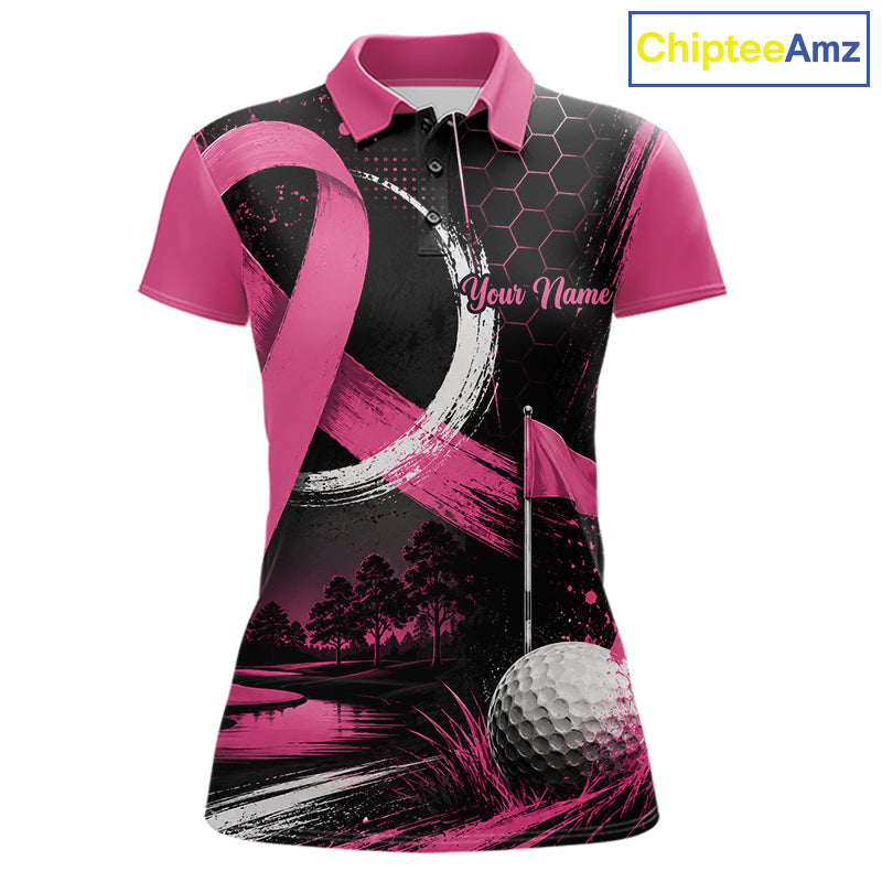 A women's short-sleeve polo shirt with a pink and black golf-themed graphic print, featuring a pink ribbon motif, a golf ball, trees, and a flag, with 'Your Name' text on the chest. The shirt is shown on a white background with a 'ChipteeAmz' logo in the top right corner.