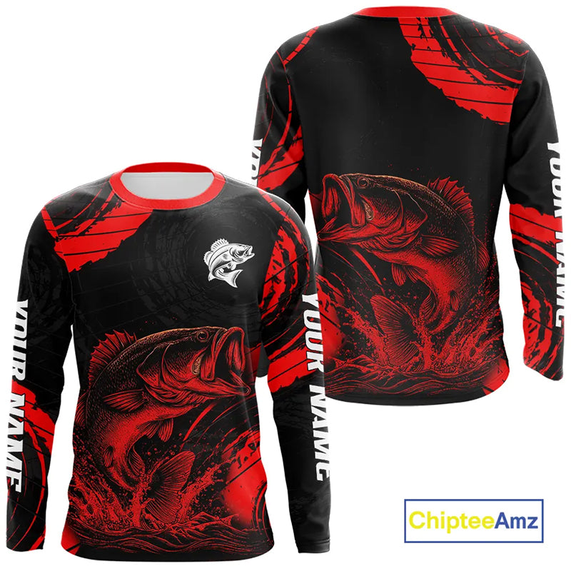 Personalized Bass Fishing Jerseys, Bass Fishing Long Sleeve Shirt| Red NHT382