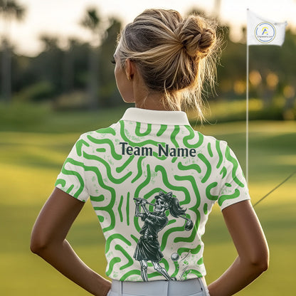 Personalized Funny Skeleton Womens Golf Polo Shirt Green Abstract Pattern Custom Golf Shirt For Team Name & Name NHT618