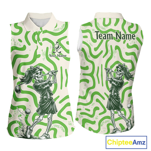 Personalized Funny Skeleton Sleeveless Golf Polo Shirt Green Abstract Pattern Custom Golf Shirt For Team Name & Name NHT618