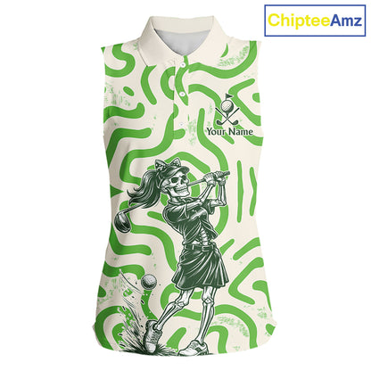 Personalized Funny Skeleton Sleeveless Golf Polo Shirt Green Abstract Pattern Custom Golf Shirt For Team Name & Name NHT618
