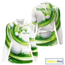 Load image into Gallery viewer, Custom Green Wave Womens Golf Polo Shirt With Ball Design Personalized Team Name &amp; Name Golf Shirt NHT623