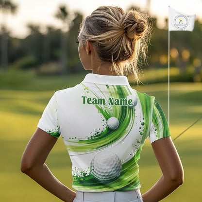 Custom Green Wave Womens Golf Polo Shirt With Ball Design Personalized Team Name & Name Golf Shirt NHT623
