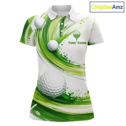 Custom Green Wave Womens Golf Polo Shirt With Ball Design Personalized Team Name & Name Golf Shirt NHT623
