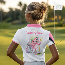 Load image into Gallery viewer, Pink Womens Golf Polo Shirt Pink Flamingos Pattern Custom Name Team Flamingo Golf Polo Shirts NHT626