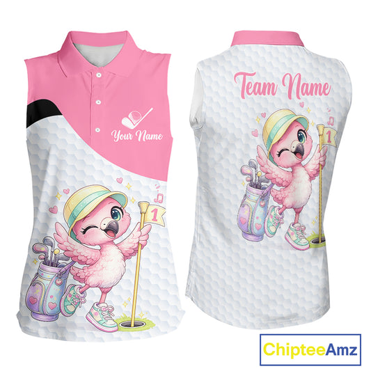 Pink Sleeveless Golf Polo Shirt Pink Flamingos Pattern Custom Name Team Flamingo Golf Polo Shirts NHT626