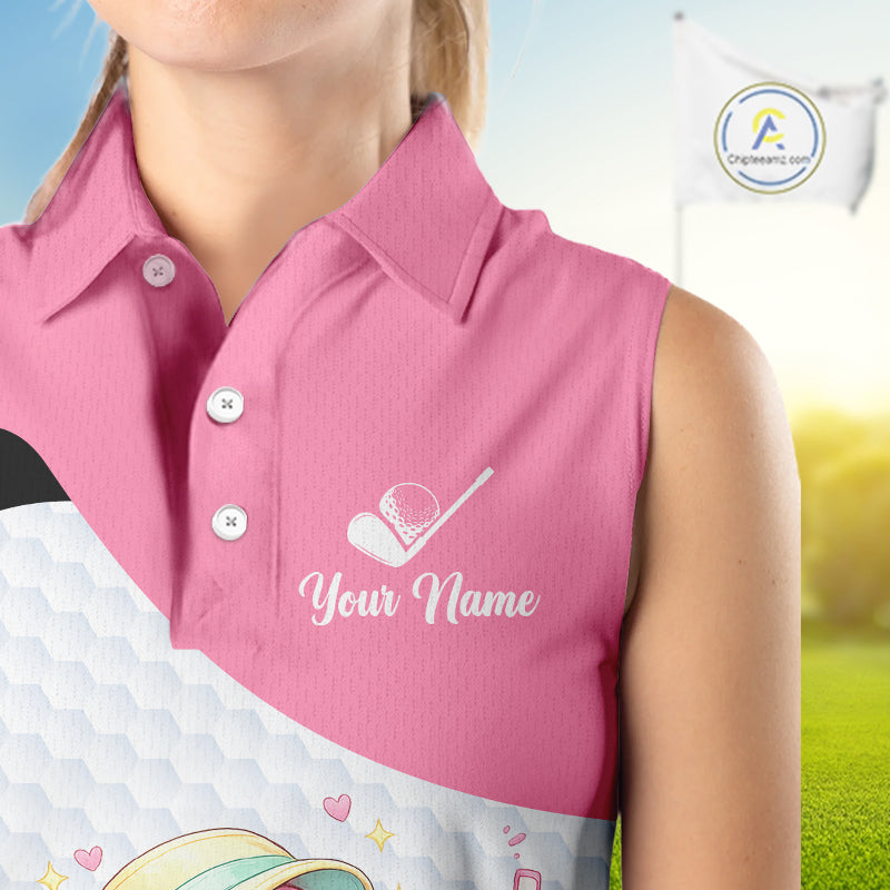 Pink Sleeveless Golf Polo Shirt Pink Flamingos Pattern Custom Name Team Flamingo Golf Polo Shirts NHT626
