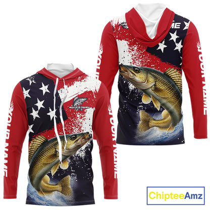 Personalized Walleye Fishing Jerseys, Custom American Flag Walleye Hooded Fishing Shirts Long Sleeve NHT488