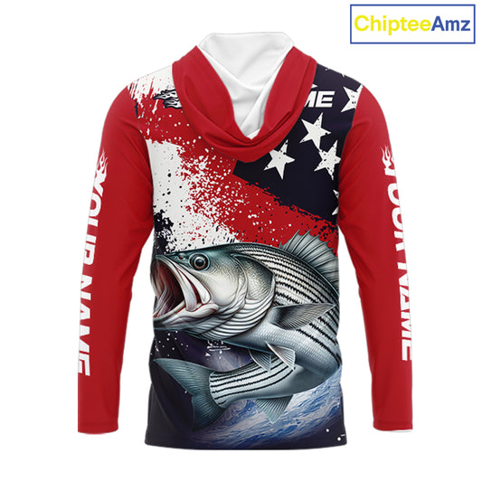 Personalized Striped Bass Fishing Jerseys, Custom American Flag Bass Hooded Fishing Shirts Long Sleeve NHT489