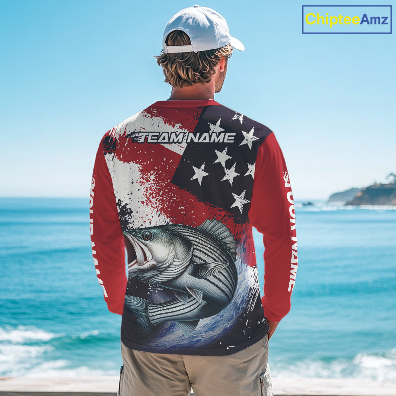 Personalized Striped Bass Fishing Jerseys, Custom American Flag Bass Fishing Shirts Long Sleeve NHT489