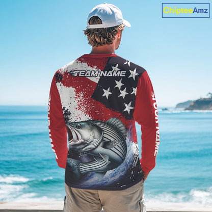 Personalized Striped Bass Fishing Jerseys, Custom American Flag Bass Fishing Shirts Long Sleeve NHT489
