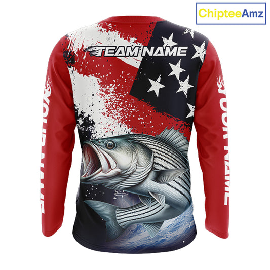 Personalized Striped Bass Fishing Jerseys, Custom American Flag Bass Fishing Shirts Long Sleeve NHT489