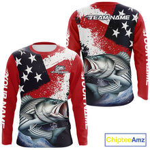 Load image into Gallery viewer, Personalized Striped Bass Fishing Jerseys, Custom American Flag Bass Fishing Shirts Long Sleeve NHT489