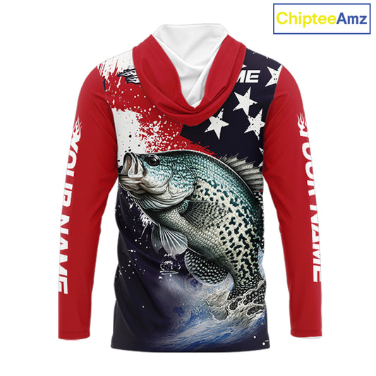 Personalized Crappie Fishing Jerseys, Custom American Flag Crappie Hooded Fishing Shirts Long Sleeve NHT491