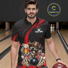 Load image into Gallery viewer, Man wearing a black and red bowling-themed shirt with a skeleton design in a bowling alley.