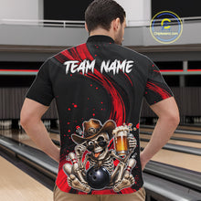Load image into Gallery viewer, Person wearing a black bowling shirt with a skeleton design and 'Team Name' text on a bowling alley background.