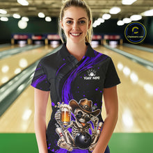 Load image into Gallery viewer, Person wearing a custom bowling shirt with a skeleton design in a bowling alley.
