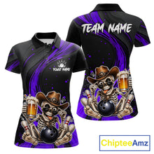 Load image into Gallery viewer, Funny Skeleton Cowboy Women Bowling Shirt, Personalized Purple Color Beer Bowler Polo &amp; Quarter-Zip 