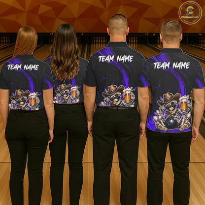 Funny Skeleton Cowboy Women Bowling Shirt, Personalized Purple Color Beer Bowler Polo & Quarter-Zip NHT1162