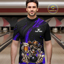 Load image into Gallery viewer, Man wearing a custom bowling shirt with a skeleton design in a bowling alley.