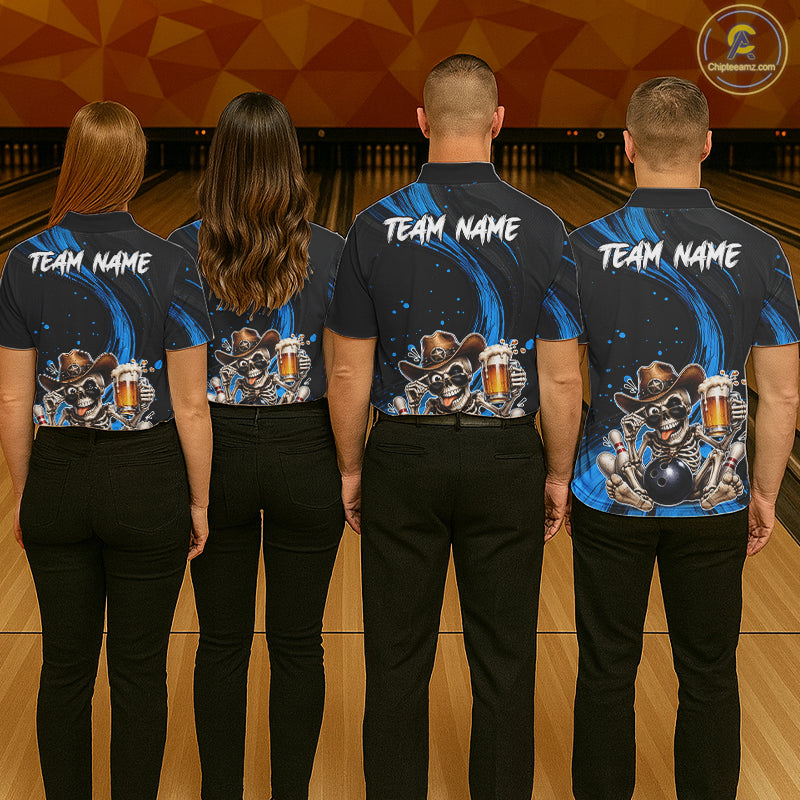 Funny Skeleton Cowboy Women Bowling Shirt, Personalized Blue Color Beer Bowler Polo & Quarter-Zip NHT1163