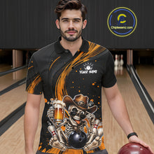 Load image into Gallery viewer, Man wearing a black and Yellow bowling-themed shirt with a skeleton design in a bowling alley.