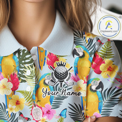 Funny Tropical Parrot Womens Golf Polo Shirt – Custom Name Shirt For Womens, Summer Beach Vacation Outfit NHT858