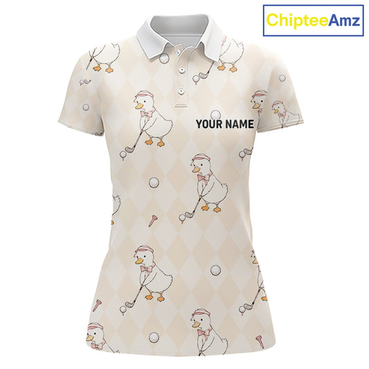 Personalized Argyle Funny Duck Pattern Womens Golf Polo Shirt - Custom Golf Team Gift