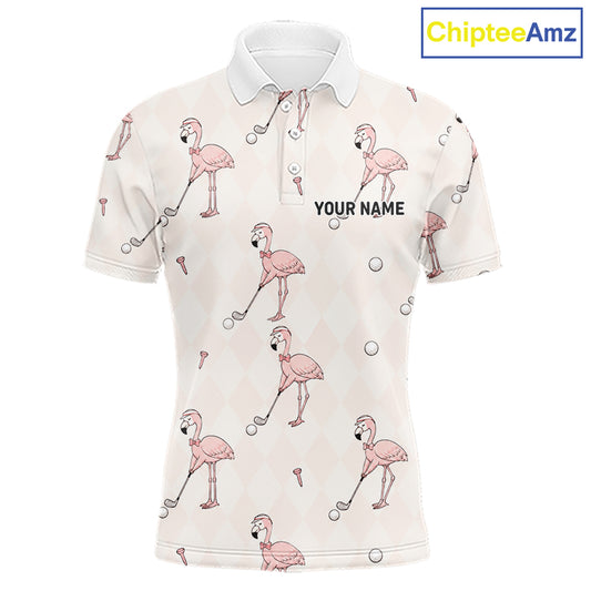 Personalized Argyle Funny Flamingo Pattern Polo Shirt - Custom Golf Team Gift