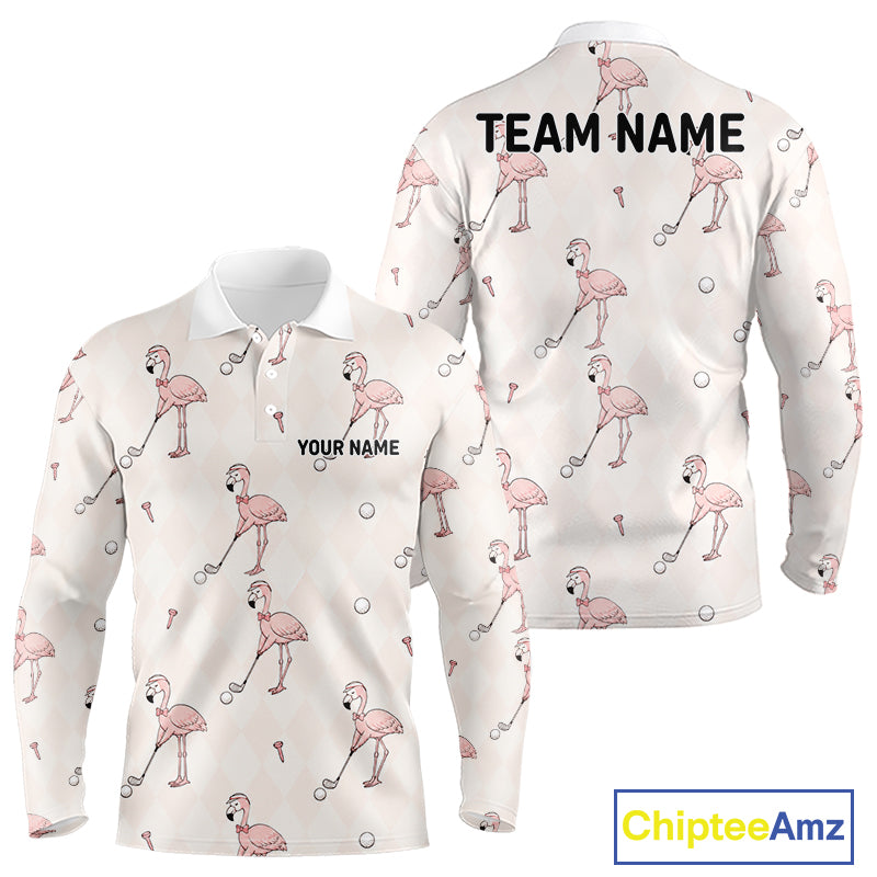Personalized Argyle Funny Flamingo Pattern Polo Shirt - Custom Golf Team Gift