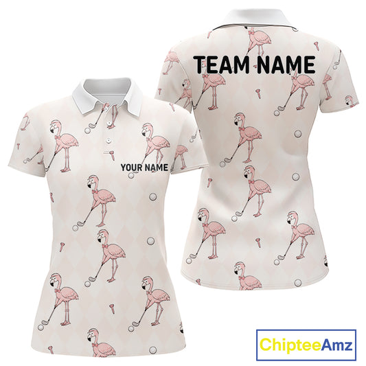 Personalized Argyle Funny Flamingo Pattern Womens Golf Polo Shirt - Custom Golf Team Gift