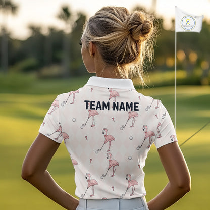 Woman wearing a white polo shirt with flamingo patterns and 'Your Name' text.