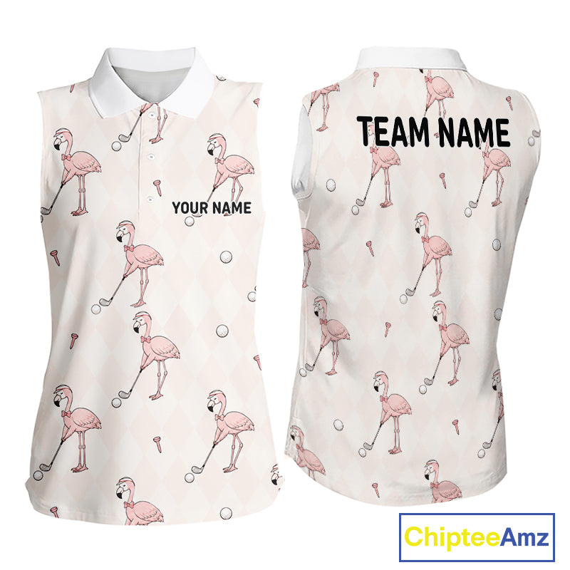 Personalized Argyle Funny Flamingo Pattern Womens Sleeveless Golf Polo Shirt - Custom Golf Team Gift