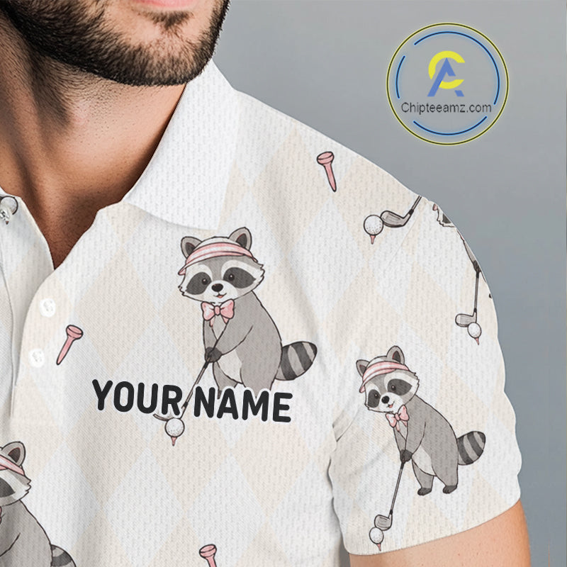 Personalized Funny Argyle Raccoon Pattern Polo Shirt - Custom Golf Team Gift