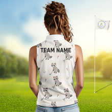 Load image into Gallery viewer, Woman wearing a sleeveless golf shirt with raccoon patterns on a golf course background