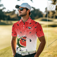 Load image into Gallery viewer, Man wearing a red watermelon-themed golf shirt on a golf course
