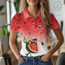 Load image into Gallery viewer, Person wearing a red watermelon-themed polo shirt with a golf club graphic.