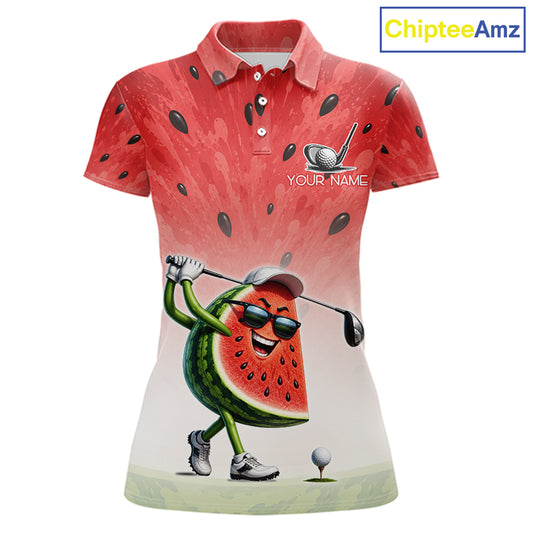 Custom Name Team Name Watermelon Womens Golf Polo Shirt - Funny Cartoon Golf Clothing 