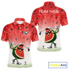 Load image into Gallery viewer, Red polo shirt with watermelon design and golf-themed graphics, featuring 'Chiptee Amz' branding.