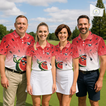 Four people wearing matching red and white polo shirts with watermelon design on a golf course.