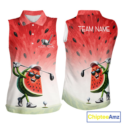 Sleeveless shirt with watermelon character holding a golf club, designed for a team with customizable text, featuring Chiptee Amz branding.
