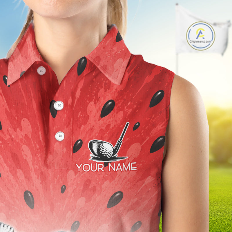 Red sleeveless shirt with black patterns and golf club design, featuring a customizable name option on a blurred golf course background.