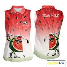 Load image into Gallery viewer, Sleeveless shirt with watermelon character holding a golf club, designed for a team with customizable text, featuring Chiptee Amz branding.