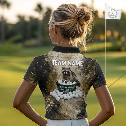 Person wearing a golf shirt with a raccoon graphic and 'Team Name' text on a golf course.