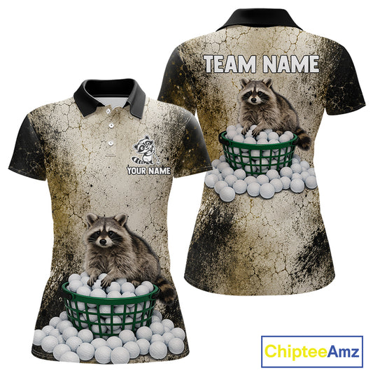 Customizable polo shirt with raccoon design and space for team name and player name, brand 'Chiptee Amz' visible.