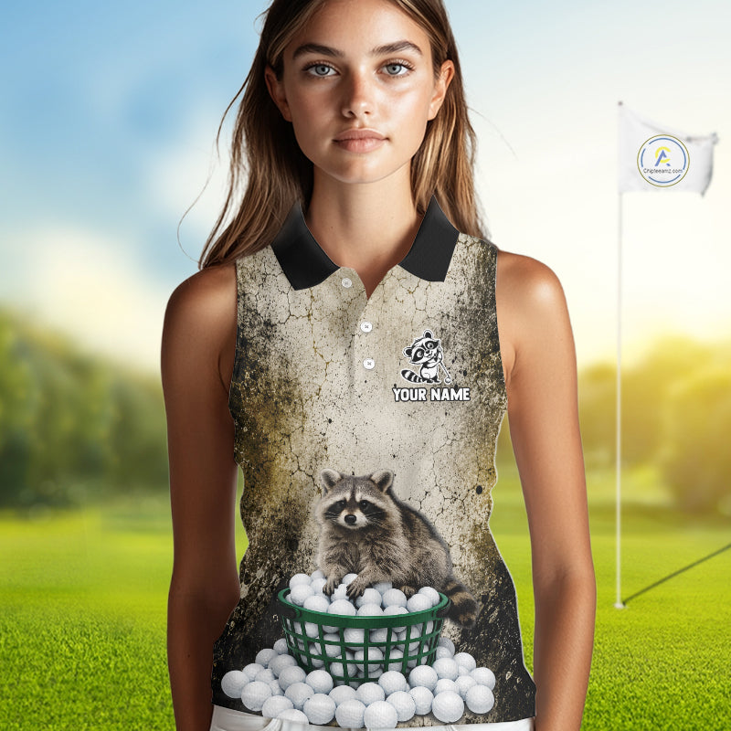 Person wearing a sleeveless polo shirt with a raccoon design on a golf course