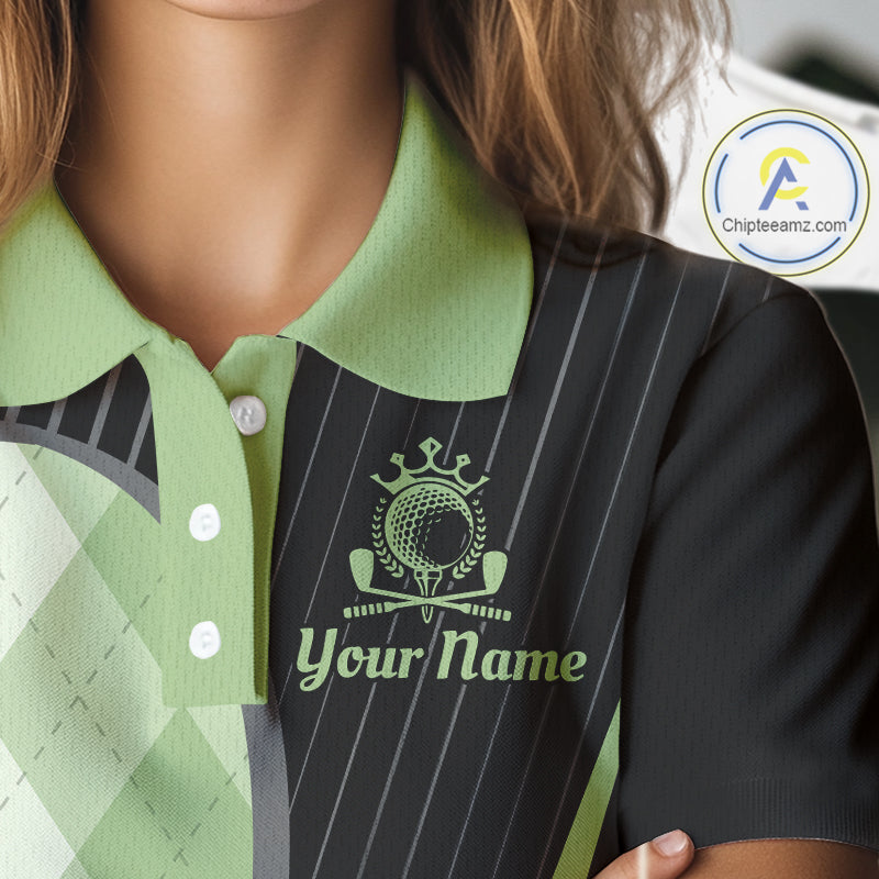 Womens Golf Polo Shirt Green Black Argyle Plaid Golf Pattern Custom, Womens Shirt Golf Tops NHT667