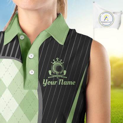 Womens Sleeveless Golf Polo Shirt Green Black Argyle Plaid Golf Pattern Custom,  Womens Shirt Golf Tops NHT667