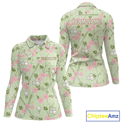 Floral Golf Polo Shirt Personalized Gingham Golf Shirt Custom Name Cute Golf Outfit For Womens Golf Gift NHT688